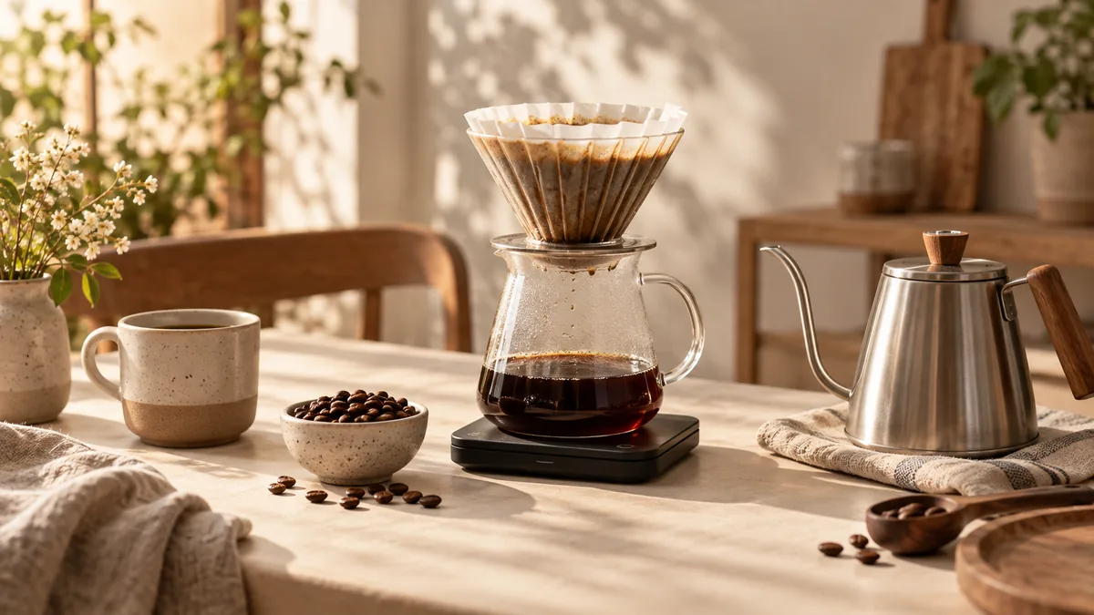 Pour-over coffee, scale, beans, and gooseneck kettle in warm natural light
