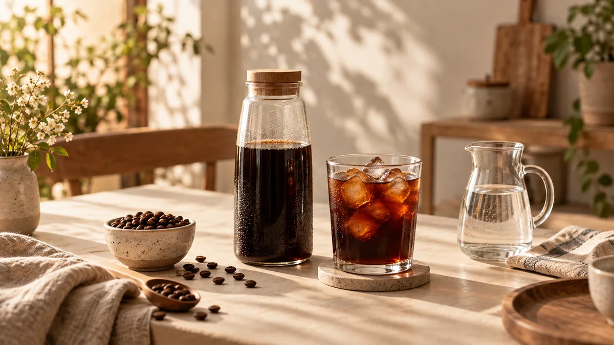 Cold brew concentrate, iced cold brew, coffee beans, and dilution water on a sunlit table