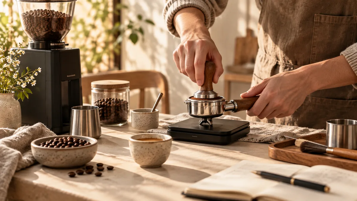 Home barista tamping an espresso portafilter beside a grinder, scale, and tasting notes