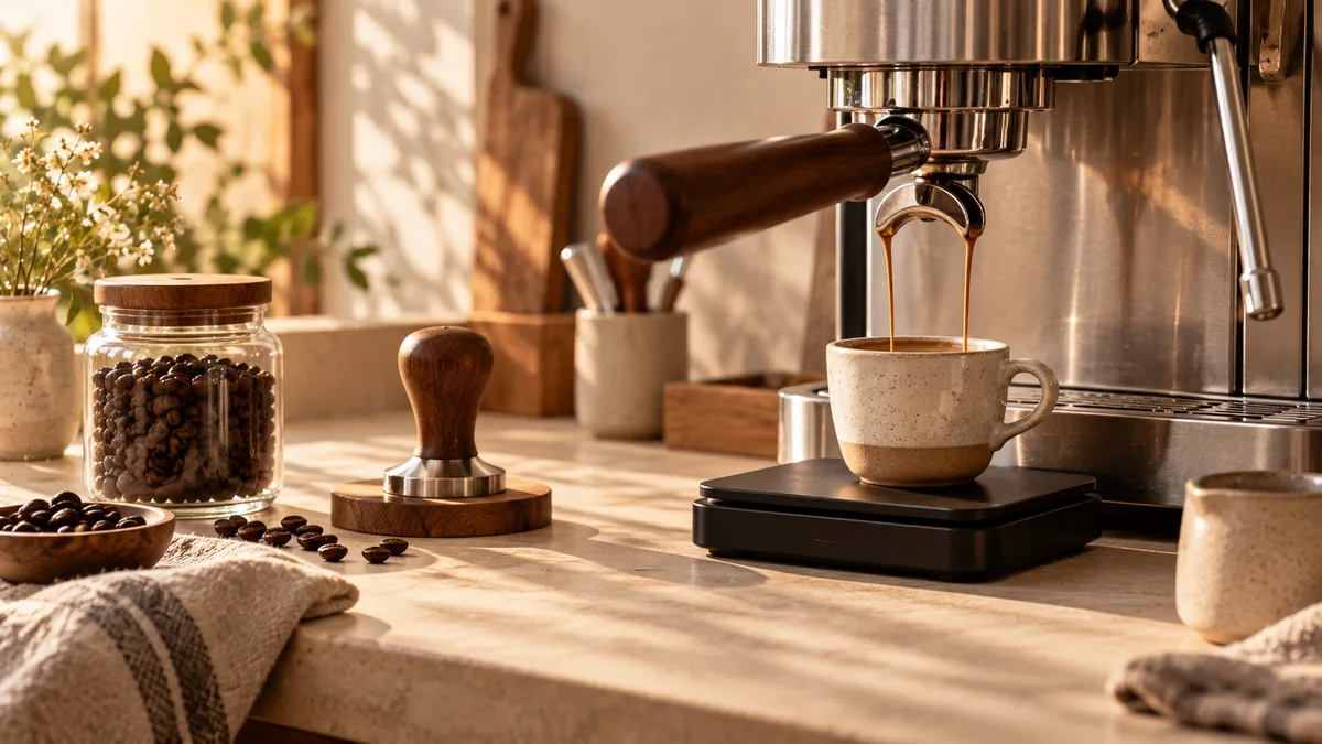 Espresso flowing into a cup on a coffee scale beside a home espresso machine