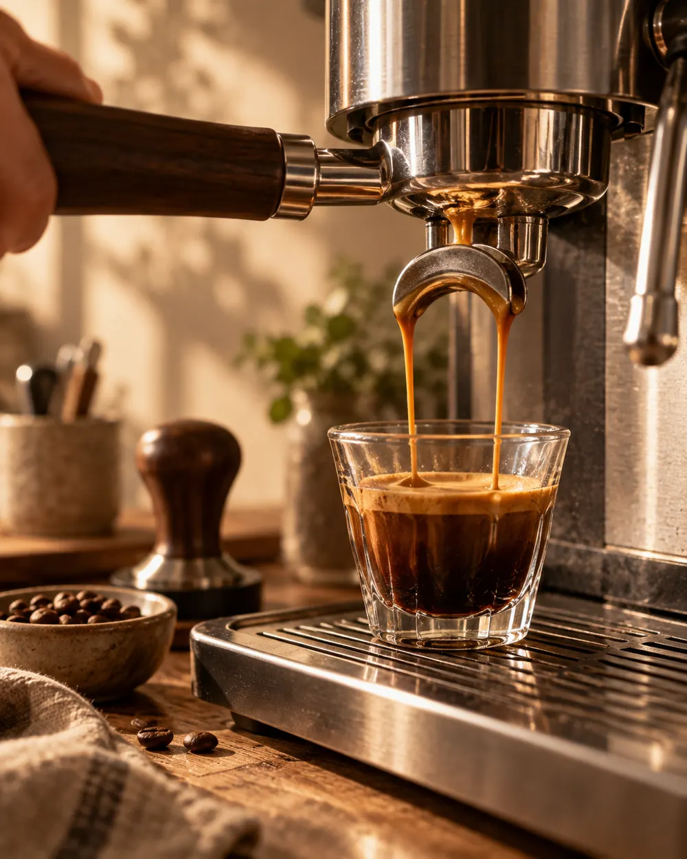Espresso extracting into a small glass in warm cafe light