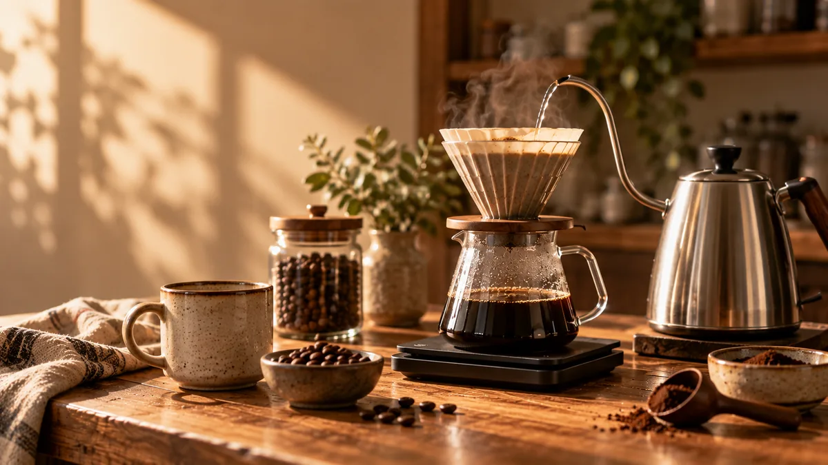Coffee beans and home brewing tools in warm natural cafe light