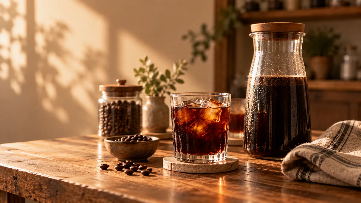 Cold brew coffee, glass carafe, ice, and coffee beans on a warm cafe table