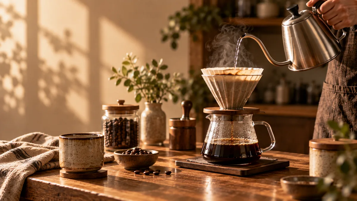 Pour-over coffee brewing with a paper filter and gooseneck kettle in warm natural light