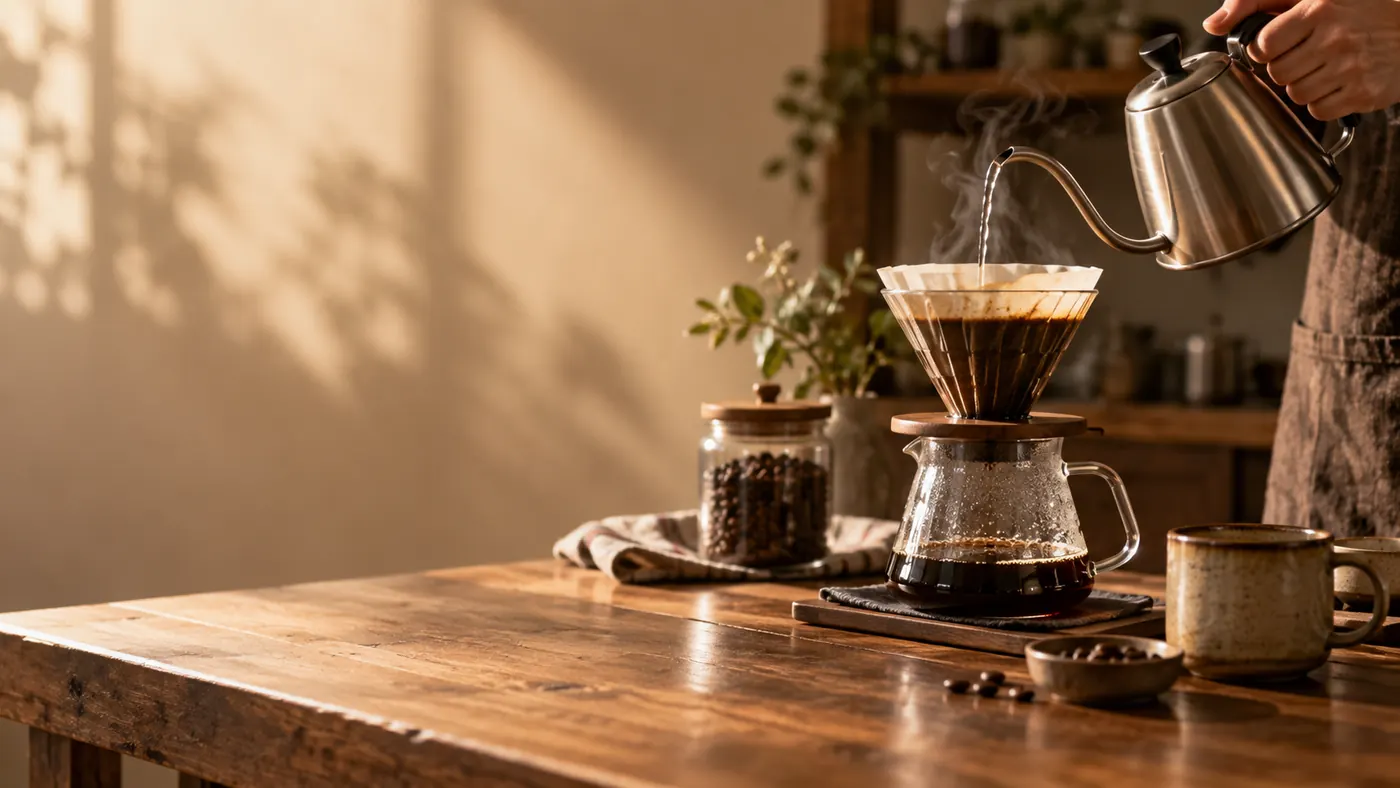 Pour-over coffee brewing in warm natural cafe light