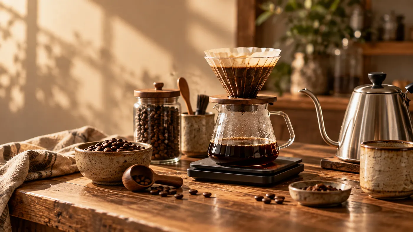 Home coffee brewing setup in warm natural cafe light