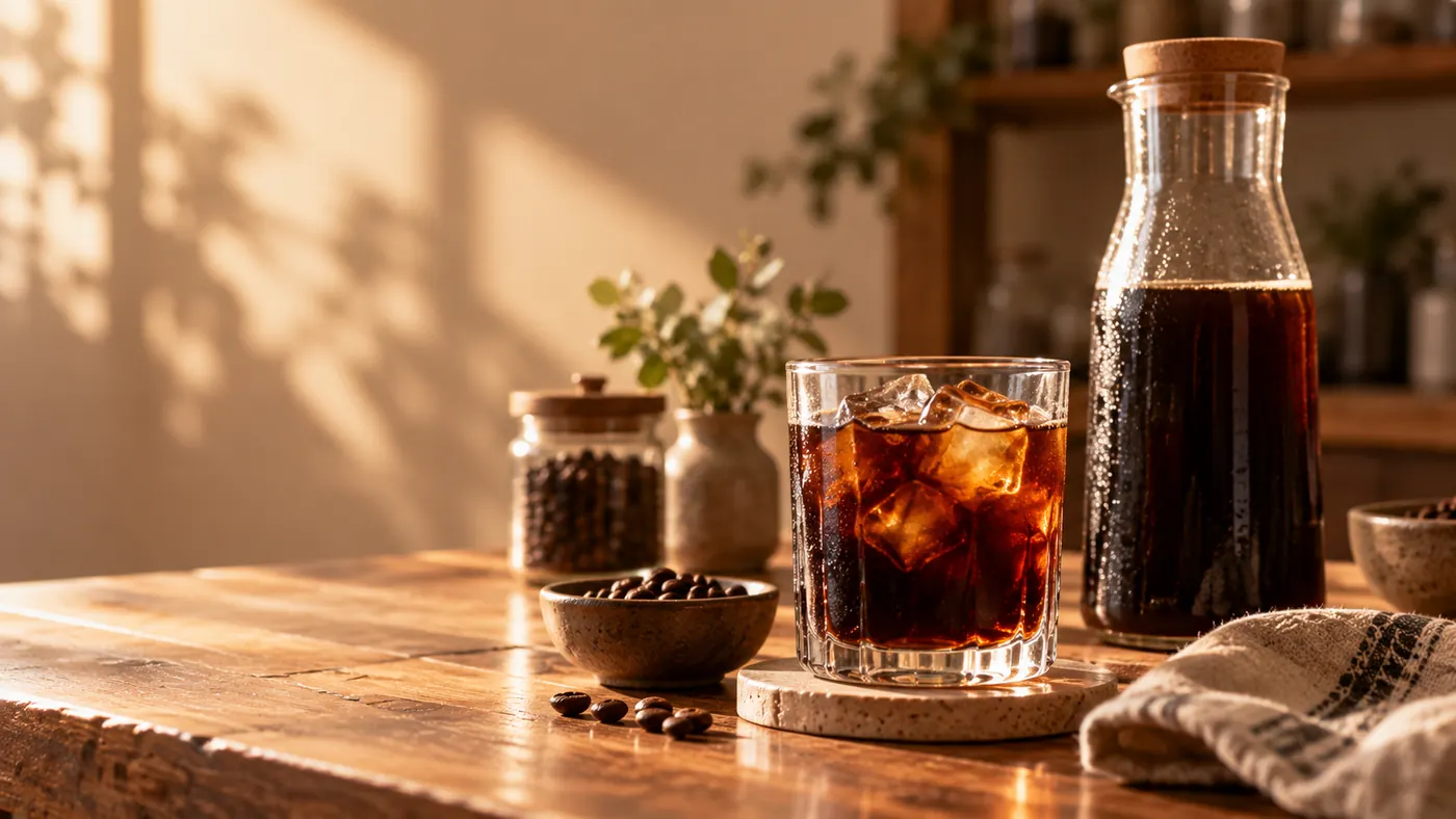 Cold brew coffee over ice in warm cafe light