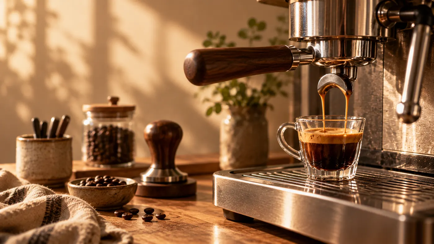 Fresh espresso extracting in warm natural light