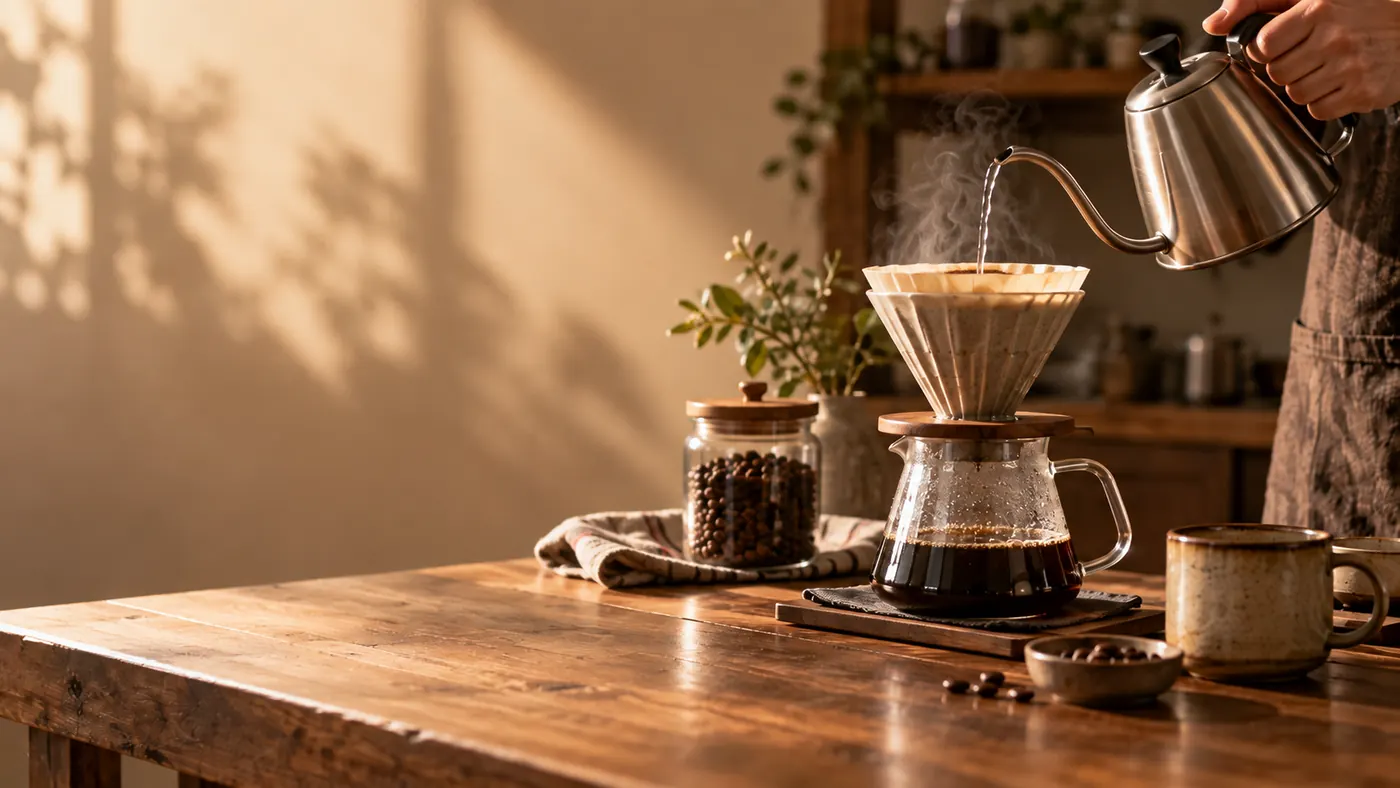 Pour-over coffee setup on a warm wooden table