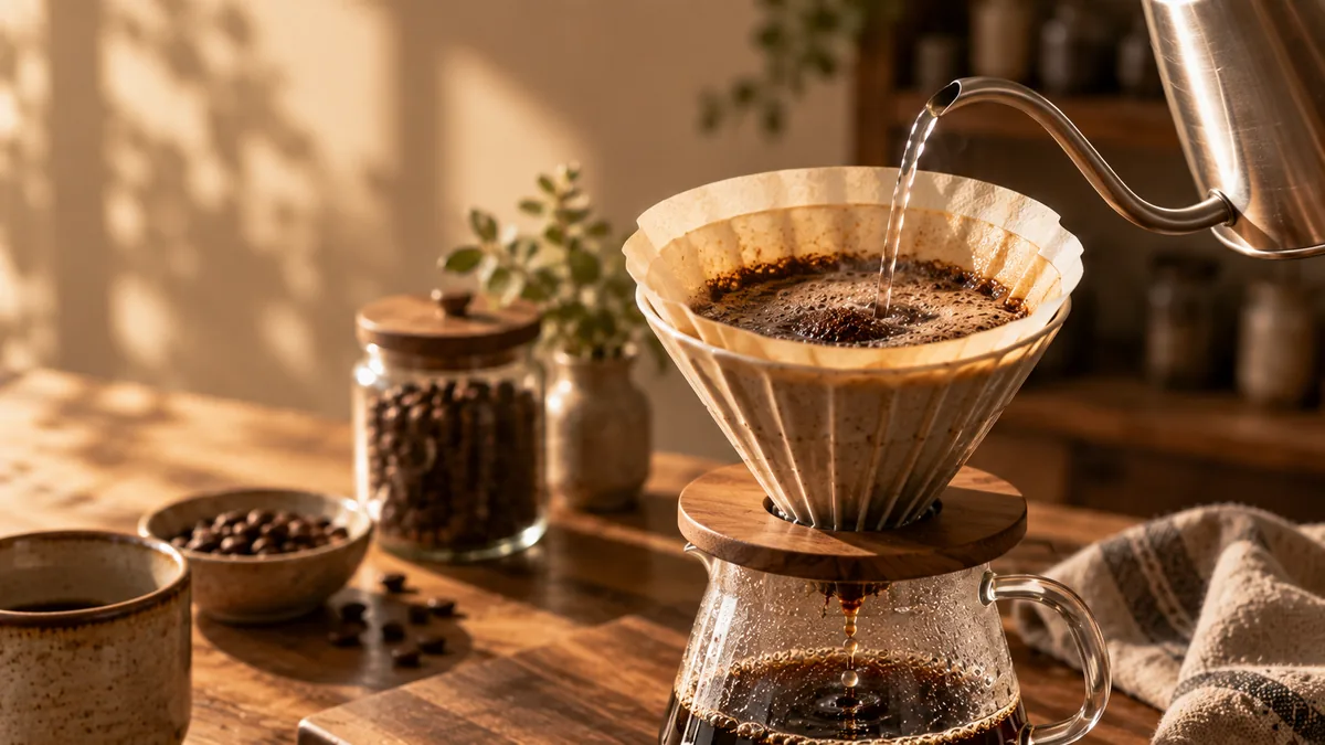 Pour-over coffee draining through a paper filter in warm natural light