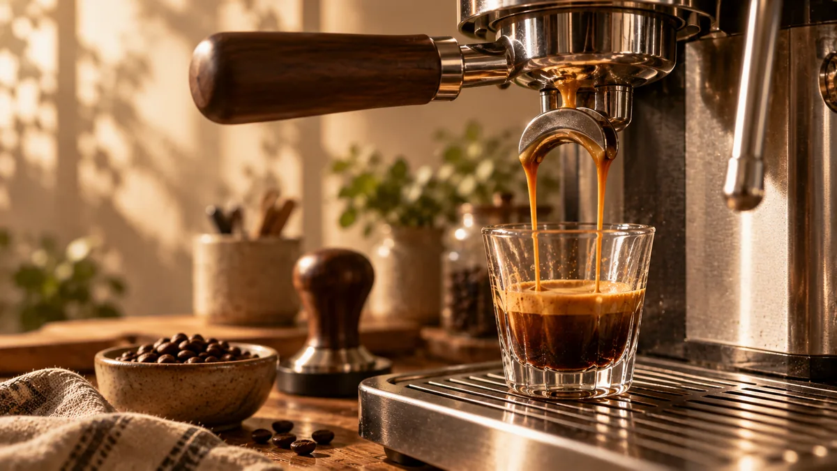 Espresso extracting from a portafilter in warm cafe light